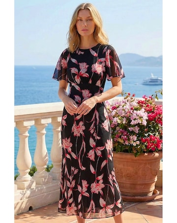 Roman Floral Flutter Sleeve Dress