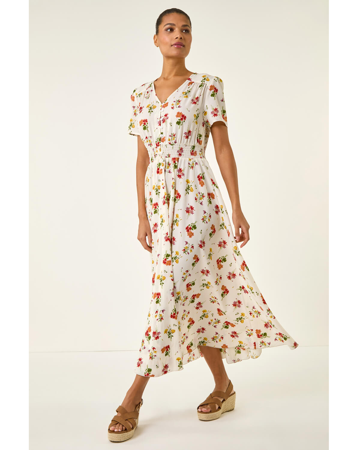 New In - Roman Floral Print Buttoned Midi Dress