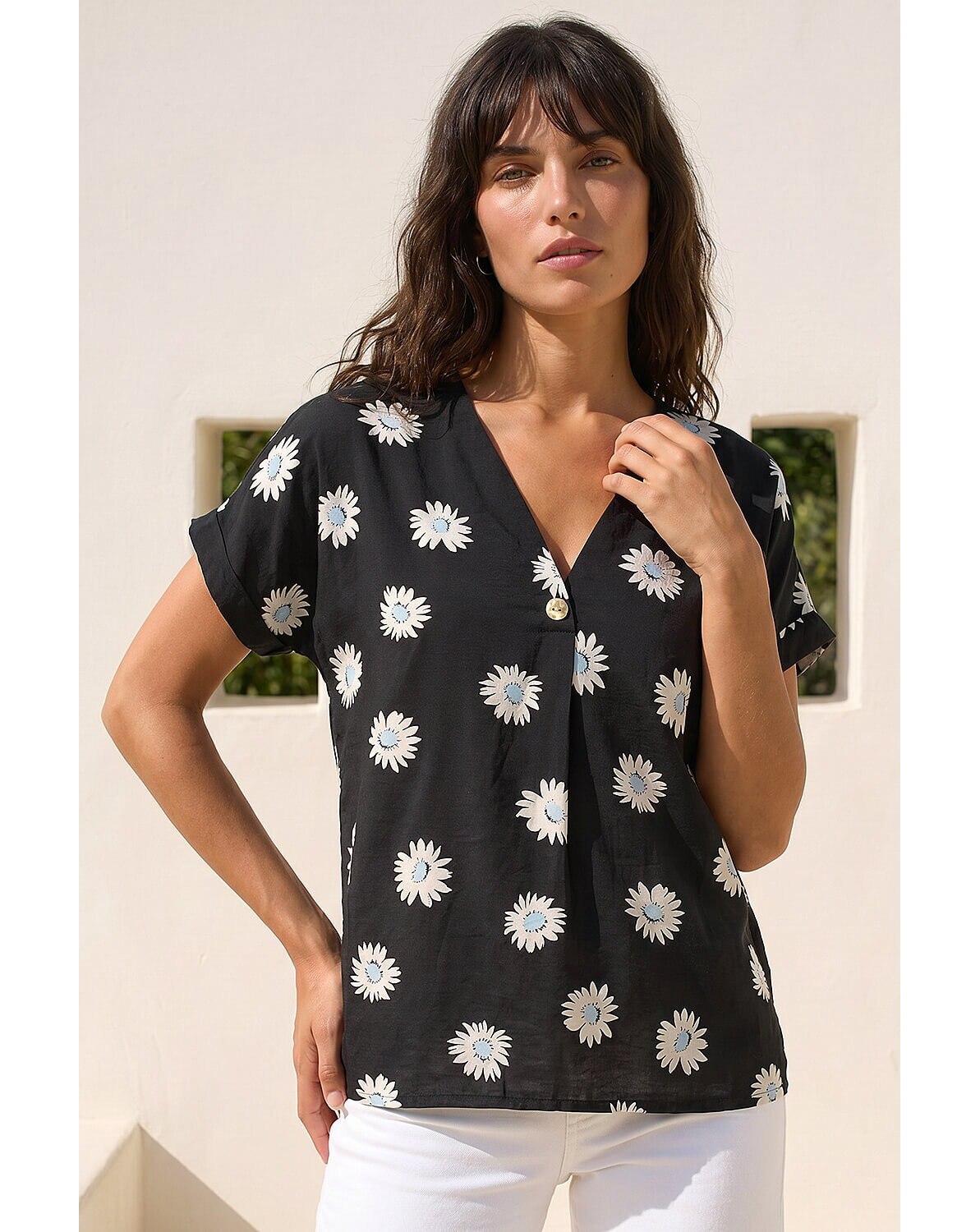 New In - Roman Daisy Print Pleat Front Top