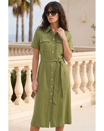 Roman Button Belted Collared Shirt Dress