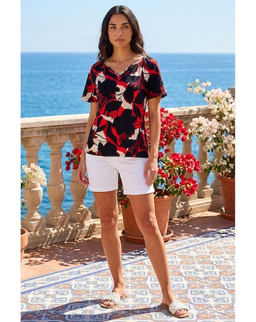 Roman Gathered Notch Neck Stretch Top