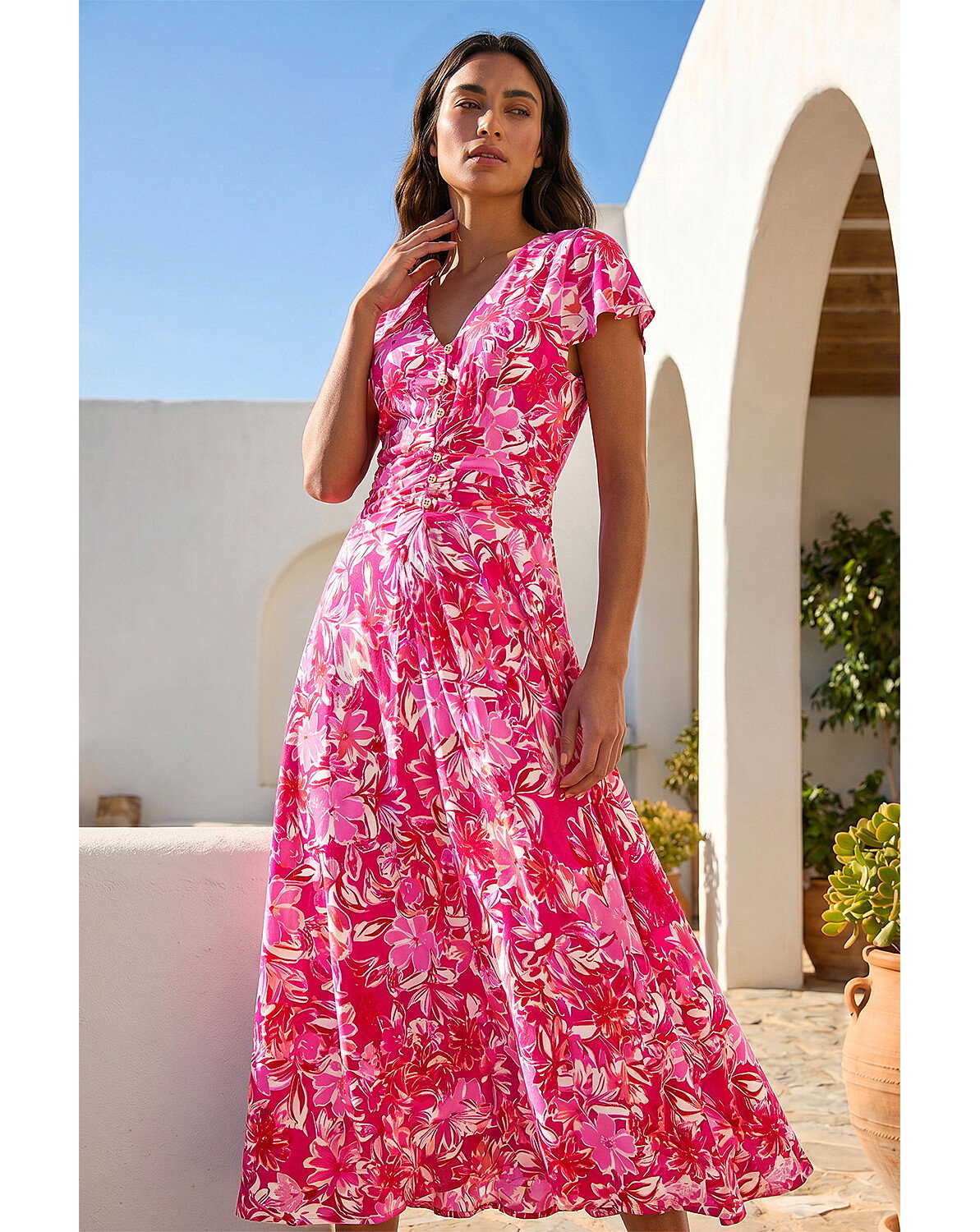 New In - Roman Floral Ruched Waist Midi Dress