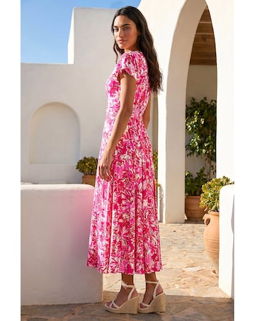 Roman Floral Ruched Waist Midi Dress