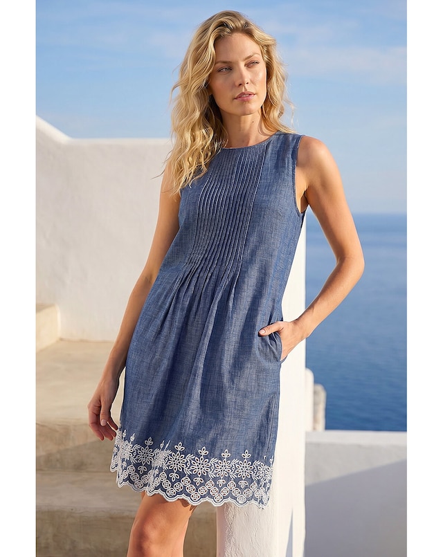 Roman Embroidered Hem Smock Dress