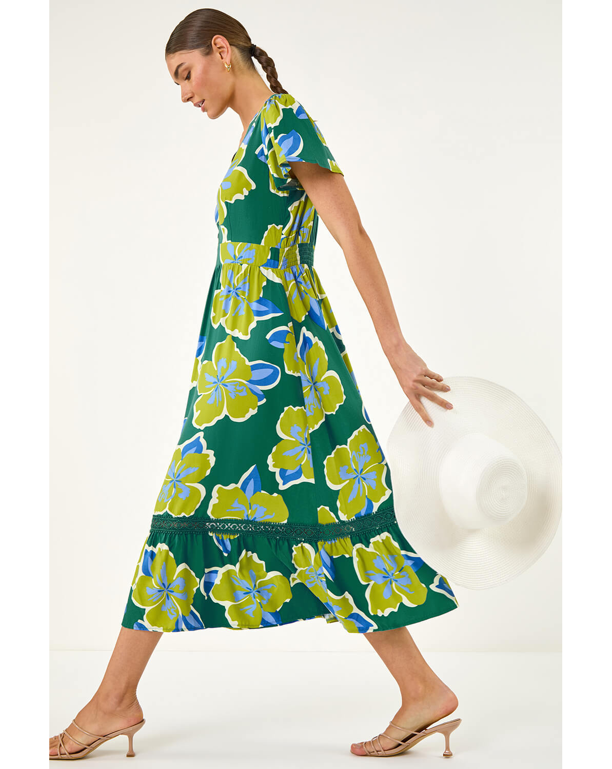 New In - Roman Floral Print Lace Trim Midi Dress