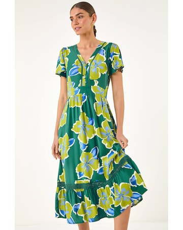 Roman Floral Print Lace Trim Midi Dress