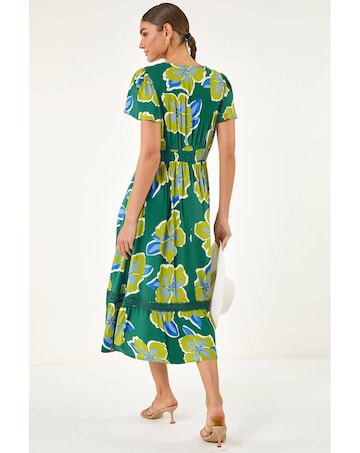 Roman Floral Print Lace Trim Midi Dress