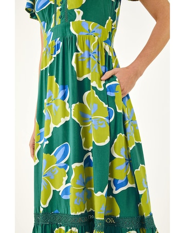 Roman Floral Print Lace Trim Midi Dress