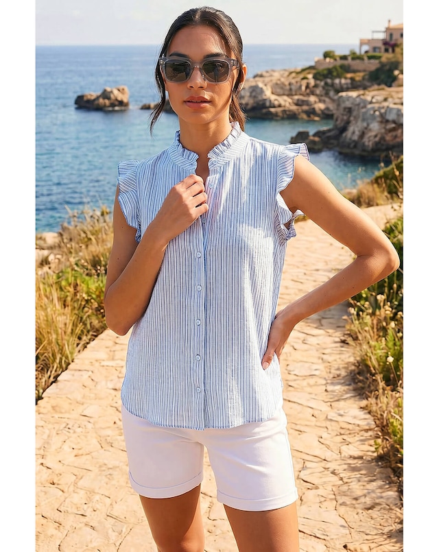 Roman Stripe Print Frill Sleeve Blouse