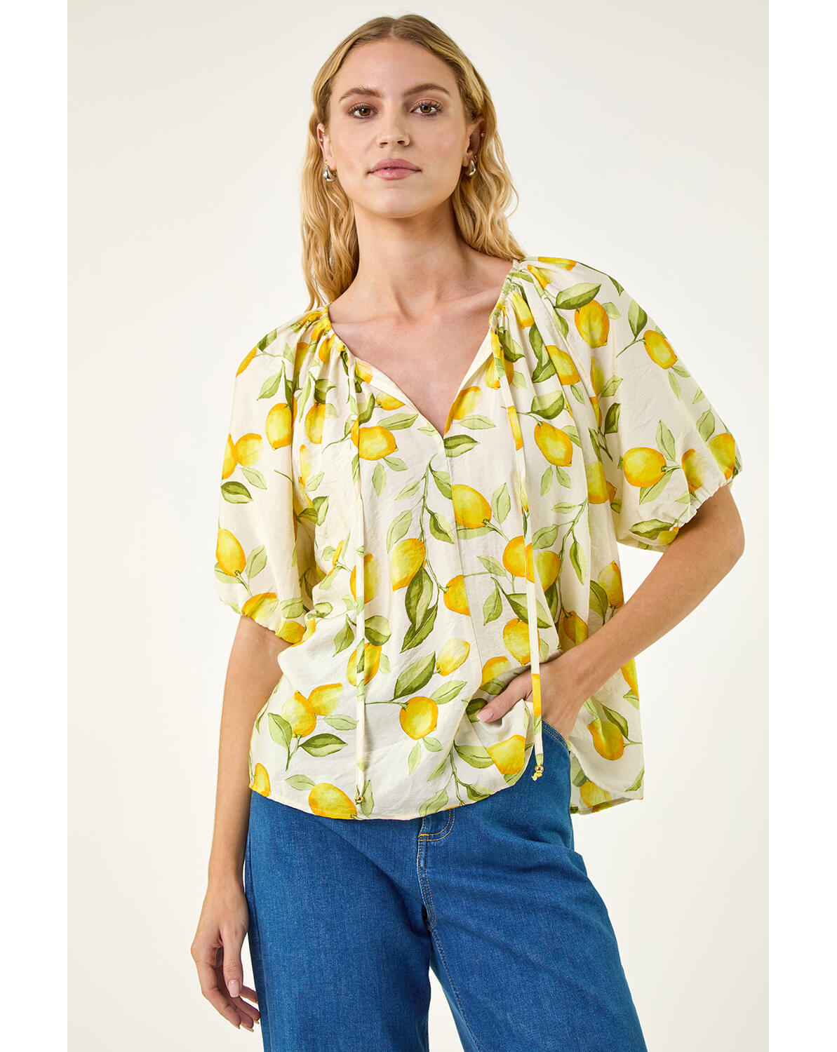 New In - Roman Lemon Print Tie Front Top