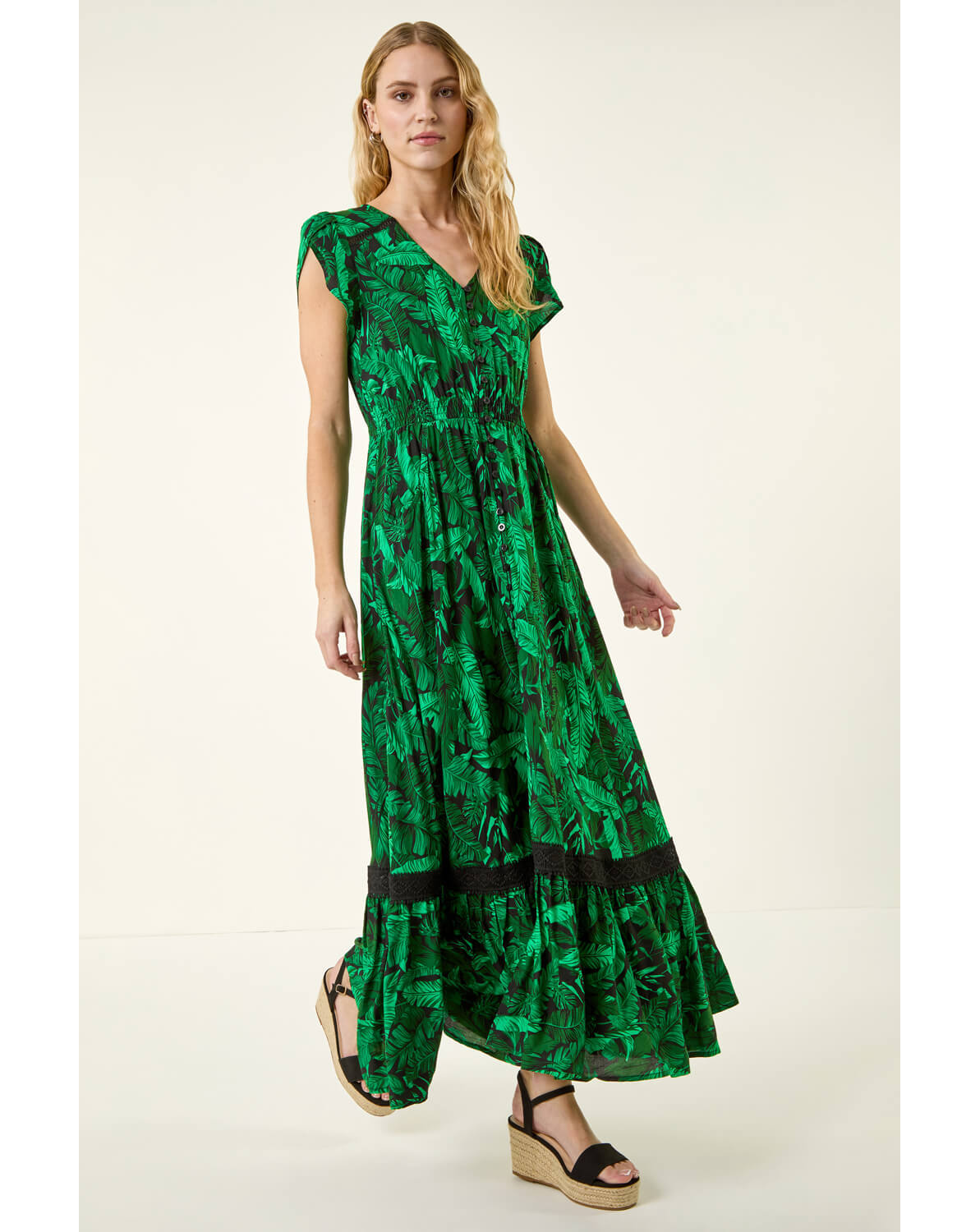 New In - Roman Tropical Leaf V-Neck Midi Dress