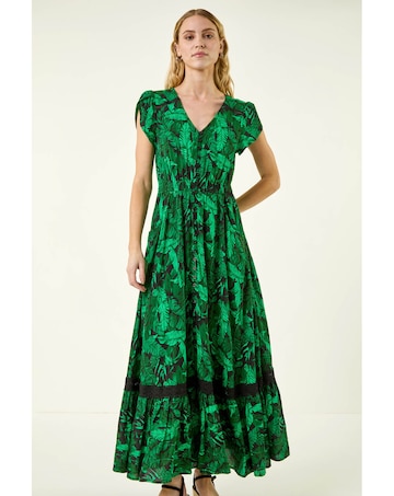 Roman Tropical Leaf V-Neck Midi Dress