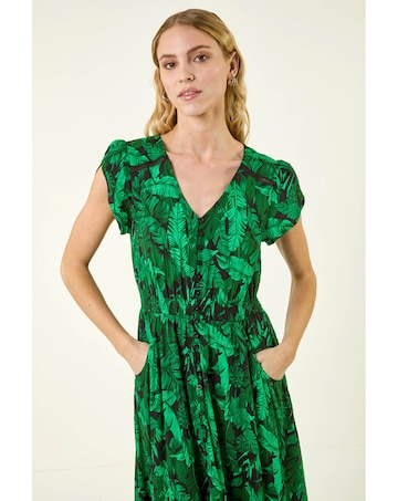 Roman Tropical Leaf V-Neck Midi Dress