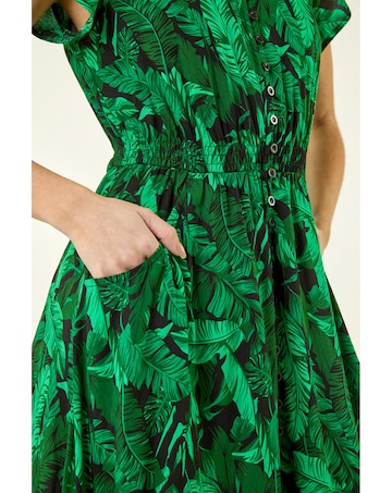 Roman Tropical Leaf V-Neck Midi Dress