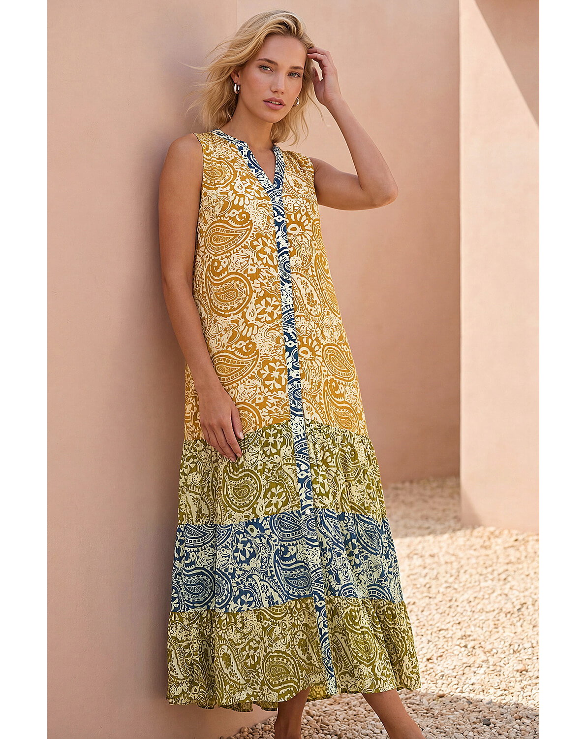 Roman Patchwork Print Tiered Maxi Dress