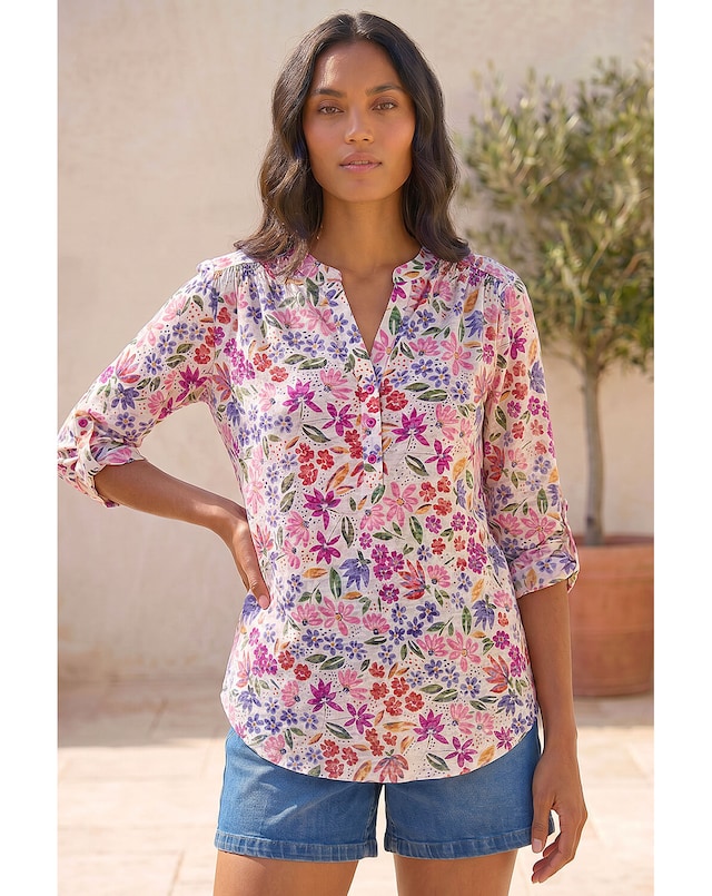 Roman Floral Print Burnout V-Neck Top