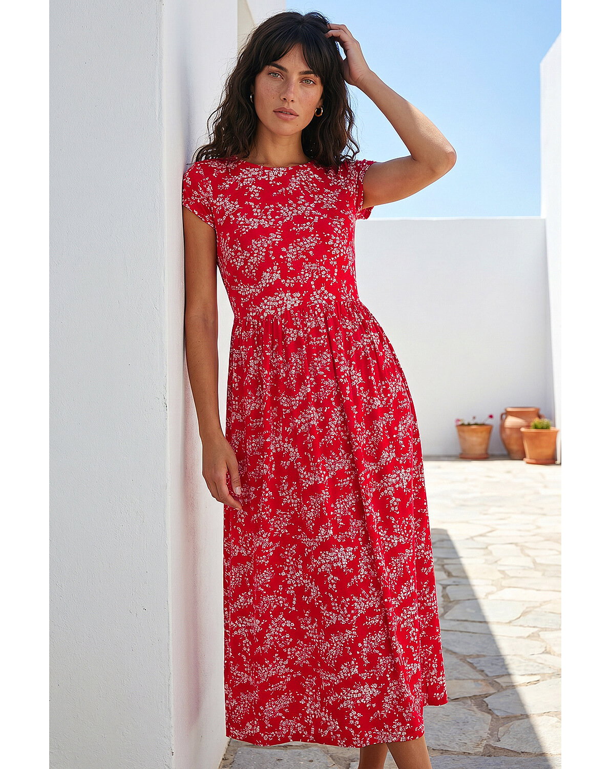 Roman Ditsy Gathered Stretch Midi Dress