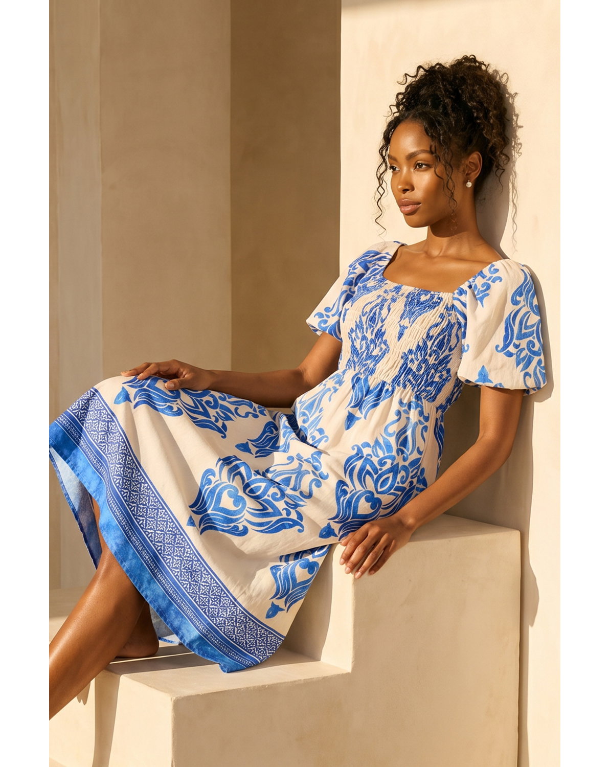 Roman Abstract Print Shirred Midi Dress