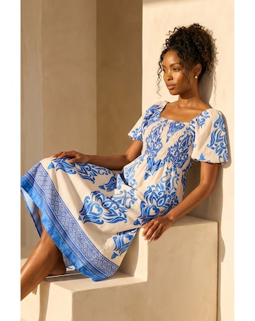 Roman Abstract Print Shirred Midi Dress