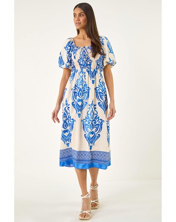 Roman Abstract Print Shirred Midi Dress