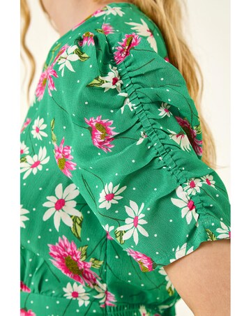 Roman Floral Ruched Sleeve Dress