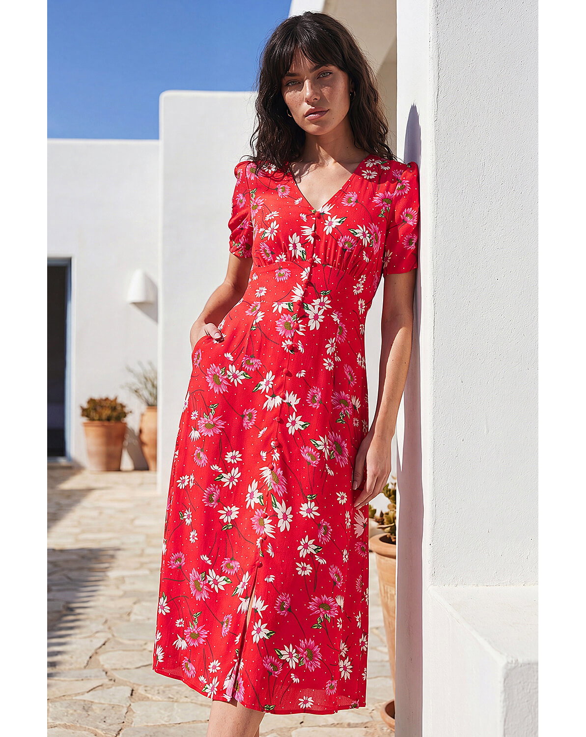 Roman Floral Ruched Sleeve Dress