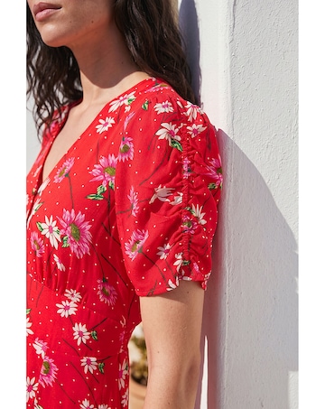 Roman Floral Ruched Sleeve Dress