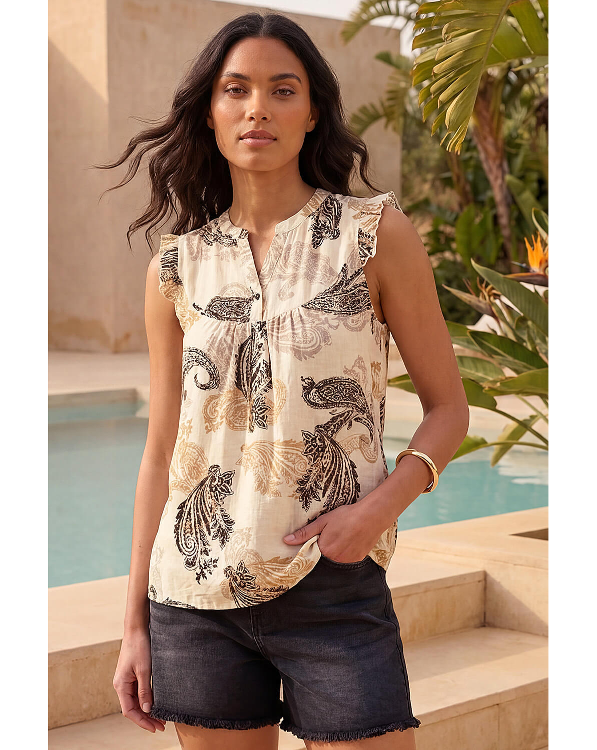 New In - Roman Paisley Print Frill Sleeve Top