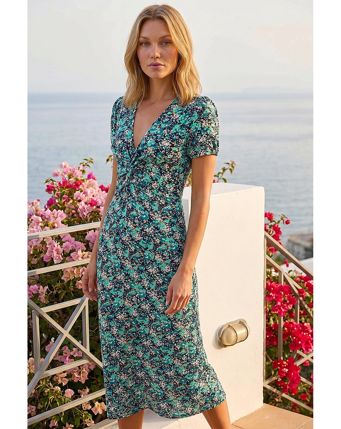 New In - Roman Floral Twist Stretch Midi Dress