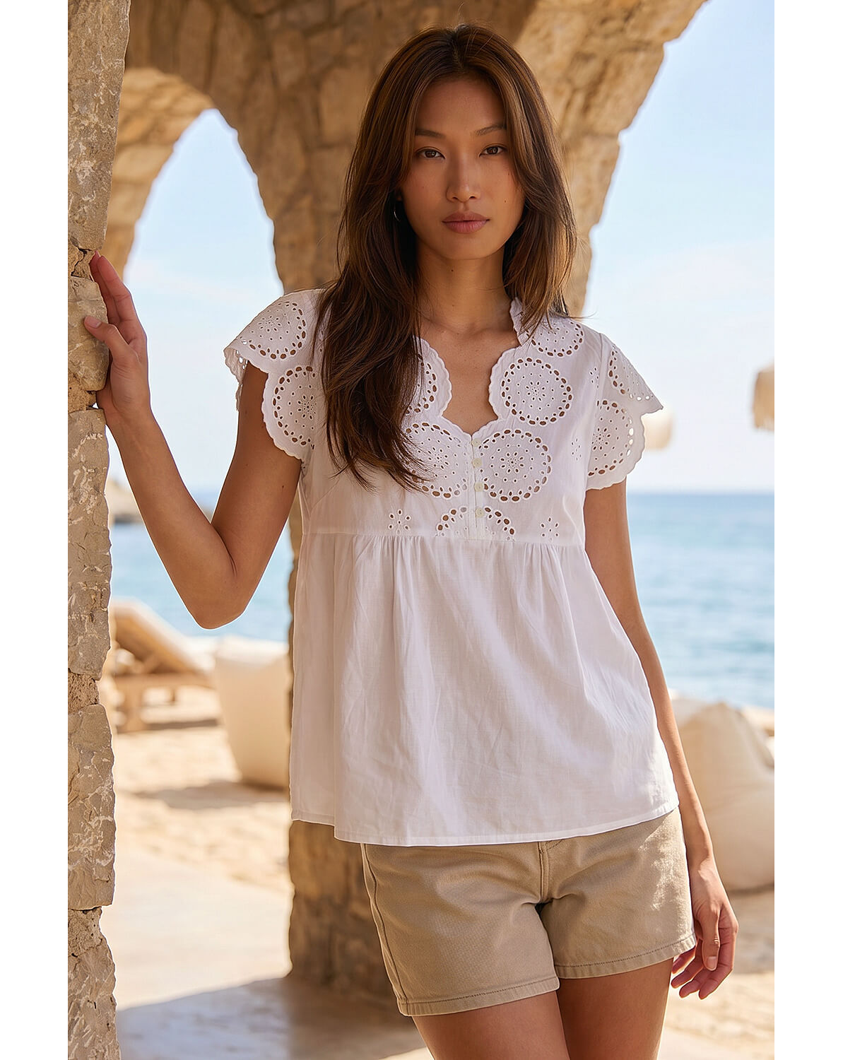 Roman Broderie Buttoned Top