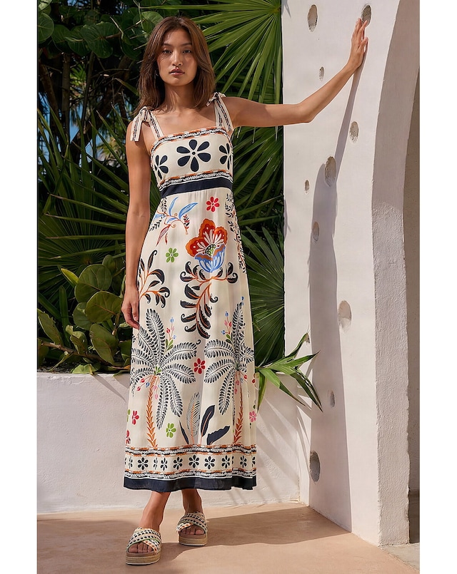 Roman Floral Palm Strappy Midi Dress
