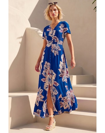 Roman Leaf Print Shirred Maxi Dress