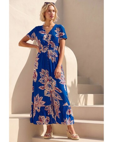Roman Leaf Print Shirred Maxi Dress
