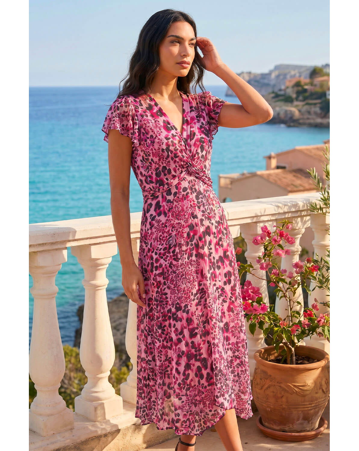Roman Animal Twist Front Midi Dress