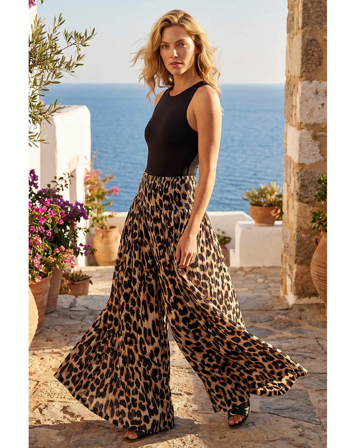 Roman Animal Shirred Palazzo Trouser