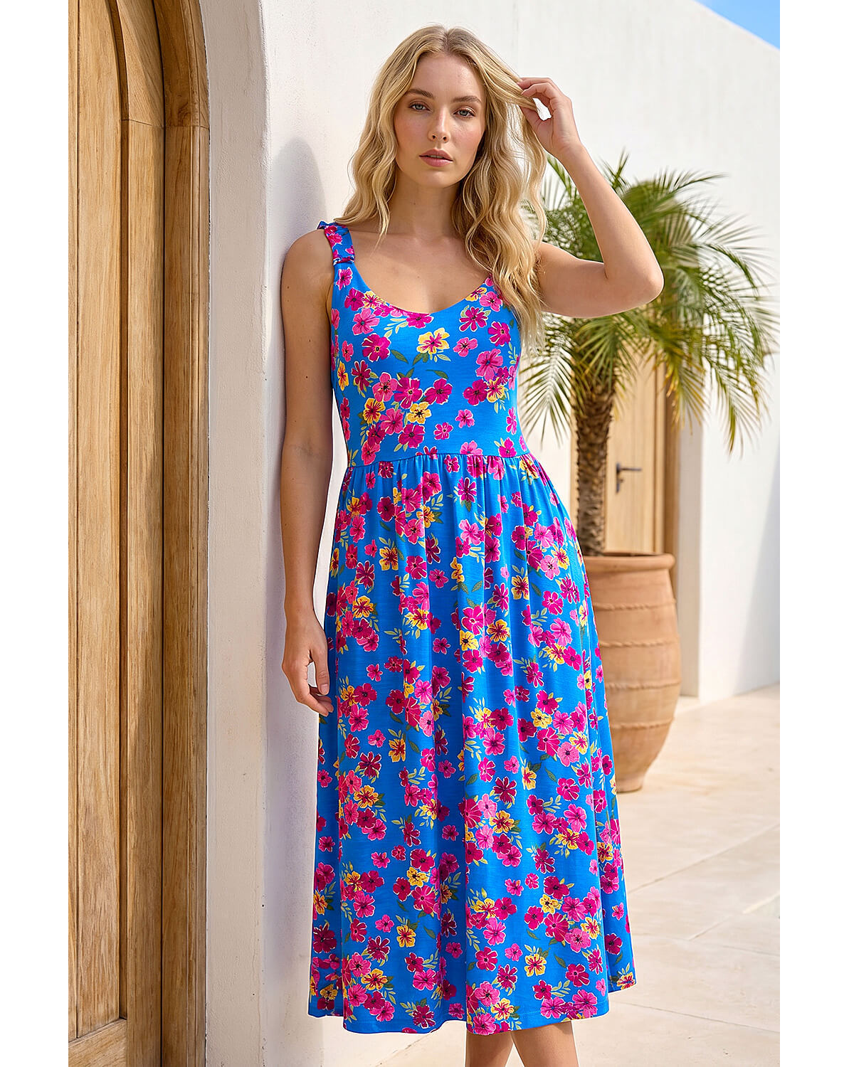 Roman Floral Shirred Strap Midi Dress