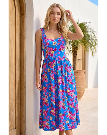 Roman Floral Shirred Strap Midi Dress