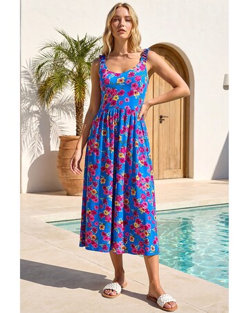 Roman Floral Shirred Strap Midi Dress