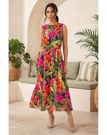 Roman Leaf Chiffon Pleat Neck Midi Dress