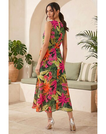 Roman Leaf Chiffon Pleat Neck Midi Dress