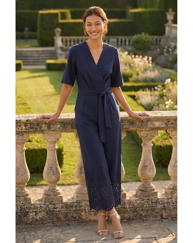 Roman Laser Cut Hem Wrap Front Jumpsuit