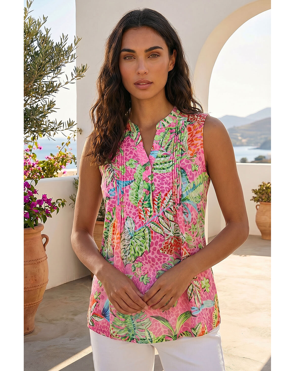 New In - Roman Tropical Leaf Print Pintuck Top