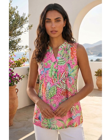Roman Tropical Leaf Print Pintuck Top