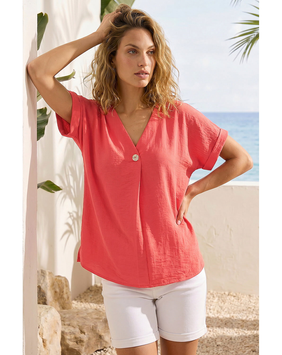New In - Roman Pleat Front V-Neck Top
