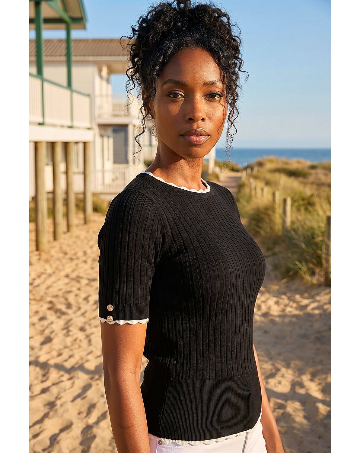 New In - Roman Button Detail Ribbed Knit Top