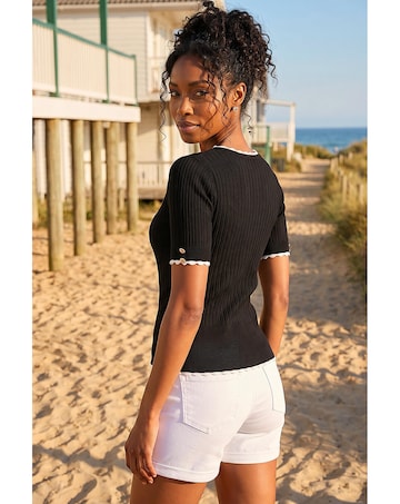 Roman Button Detail Ribbed Knit Top