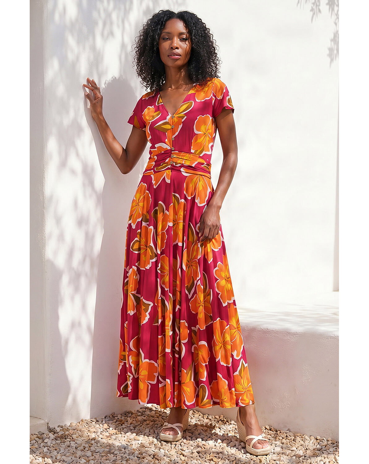 New In - Roman Floral Print Ruched Midi Dress