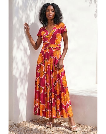 Roman Floral Print Ruched Midi Dress