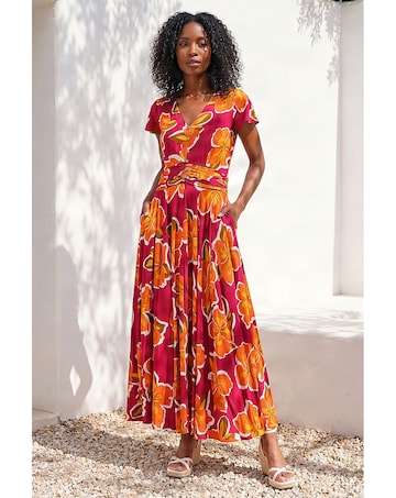 Roman Floral Print Ruched Midi Dress