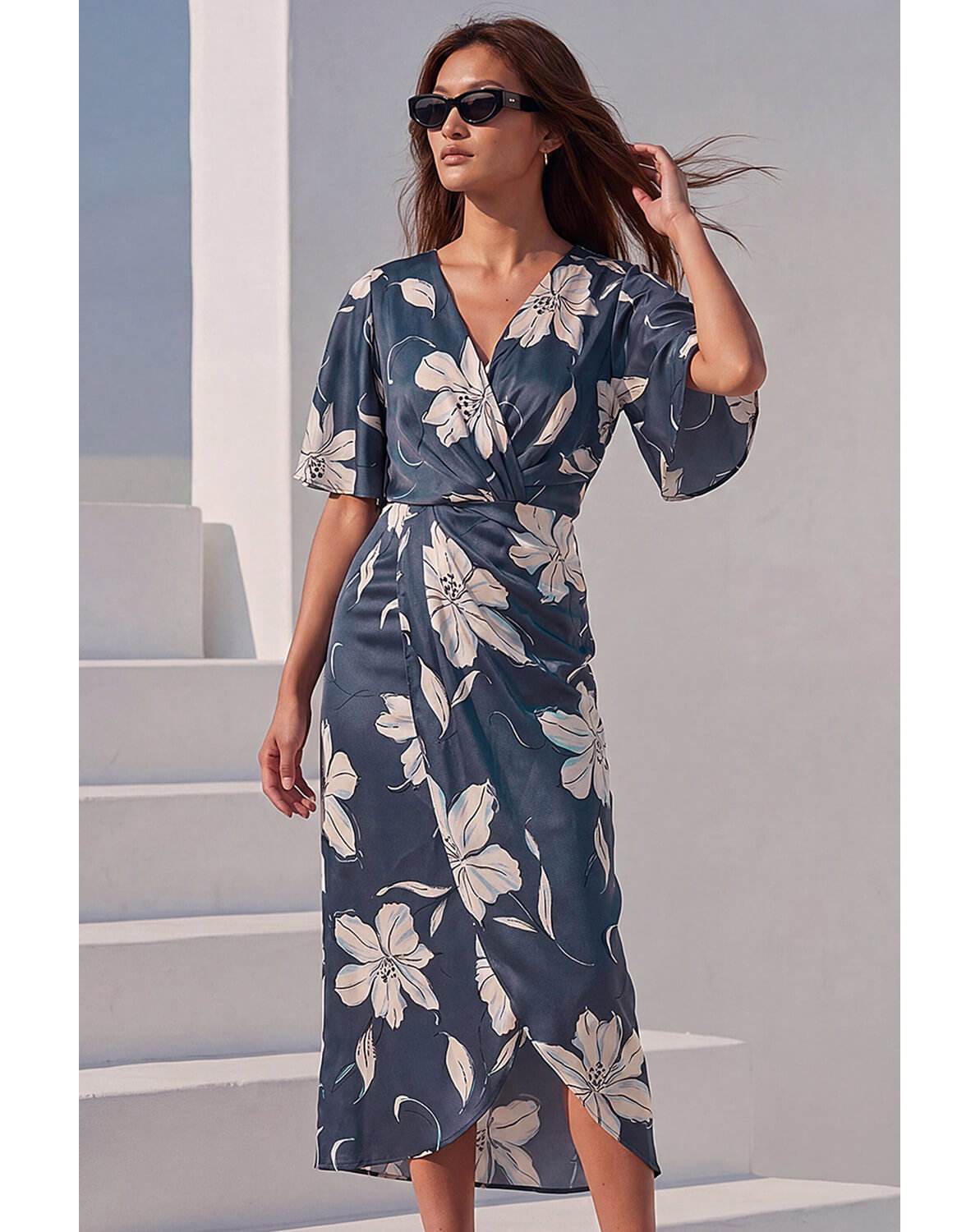 New In - Roman Floral Print Wrap Twist Dress